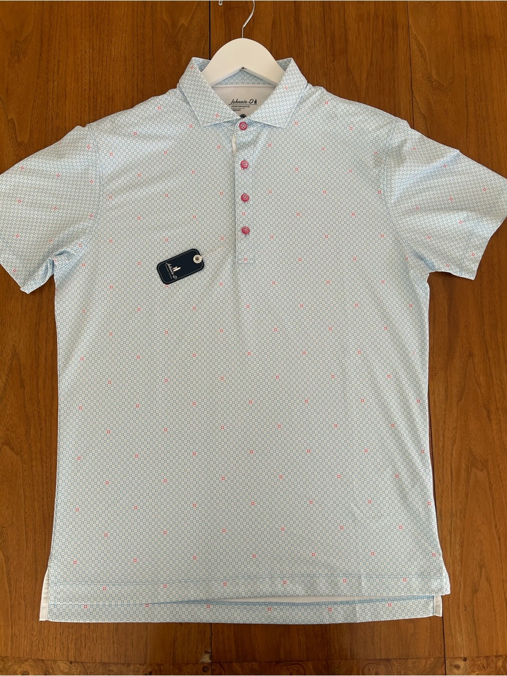 johnnie-O Light Blue Polo with Pink Button Accents